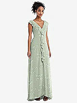 Front View Thumbnail - Vintage Primrose Sage Ruffle-Trimmed V-Back Chiffon Maxi Dress