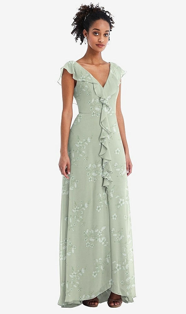 Front View - Vintage Primrose Sage Ruffle-Trimmed V-Back Chiffon Maxi Dress