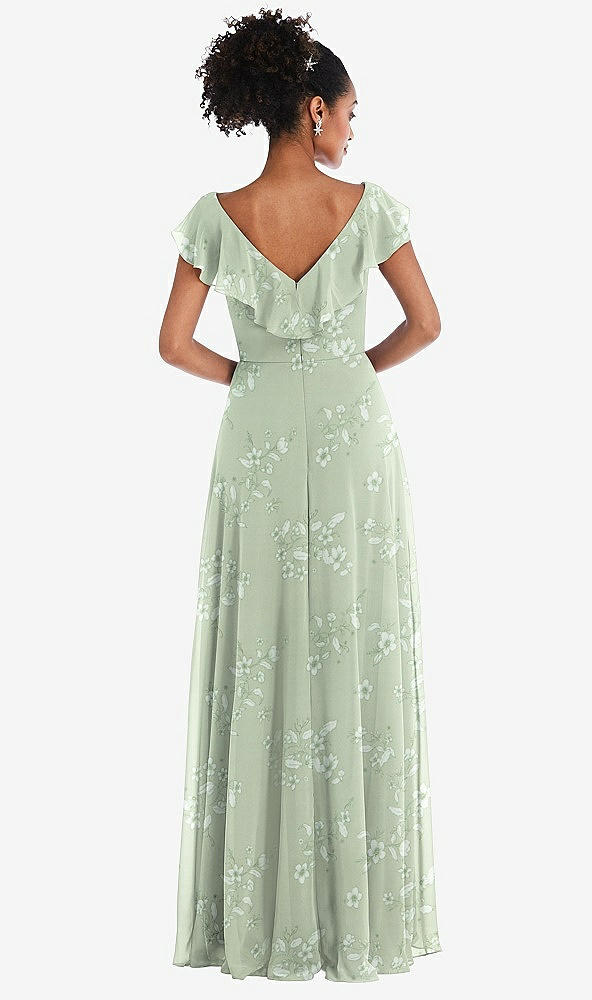 Back View - Vintage Primrose Sage Ruffle-Trimmed V-Back Chiffon Maxi Dress