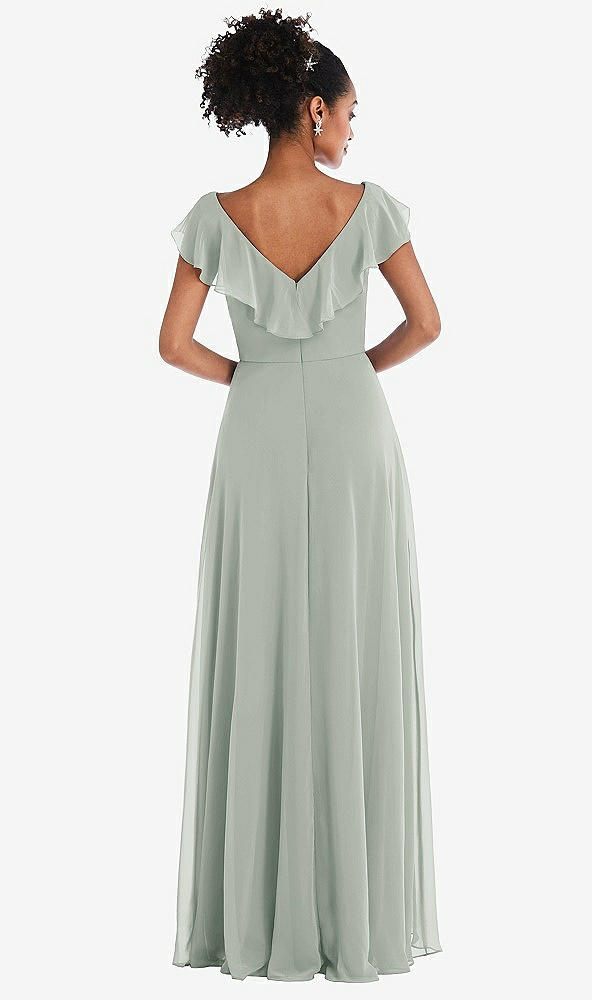 Back View - Willow Green Ruffle-Trimmed V-Back Chiffon Maxi Dress