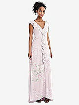 Front View Thumbnail - Watercolor Print Ruffle-Trimmed V-Back Chiffon Maxi Dress