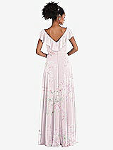 Rear View Thumbnail - Watercolor Print Ruffle-Trimmed V-Back Chiffon Maxi Dress