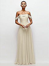 Front View Thumbnail - Champagne Off-the-Shoulder Draped Neckline Maxi Dress