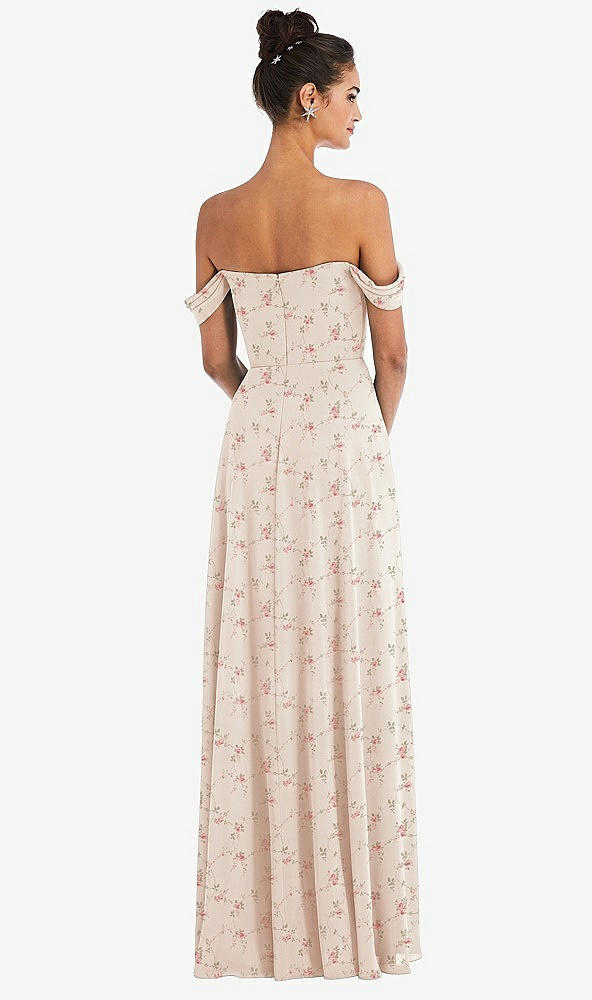 Back View - Coquette Floral Print Off-the-Shoulder Draped Neckline Maxi Dress