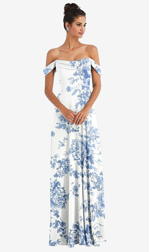 Front View - Cottage Rose Dusk Blue Off-the-Shoulder Draped Neckline Maxi Dress