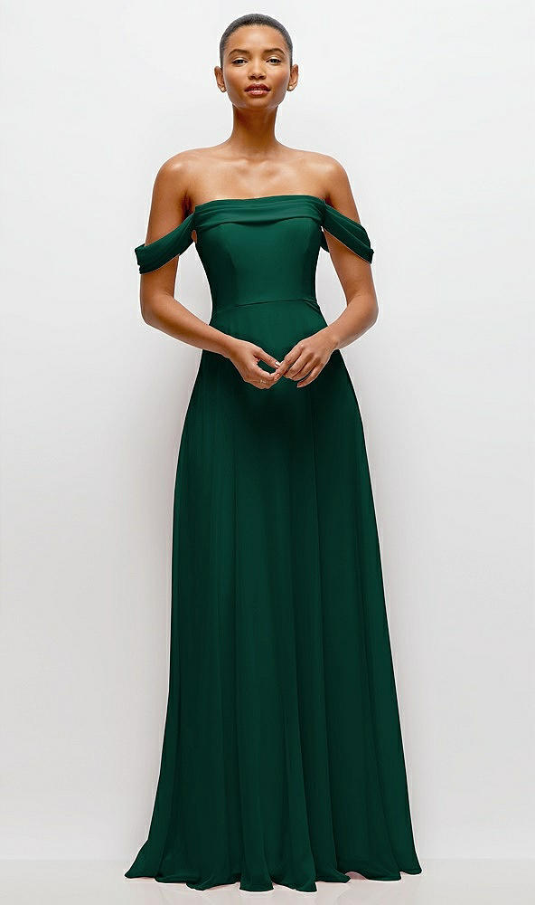 Front View - Hunter Green Off-the-Shoulder Draped Neckline Maxi Dress