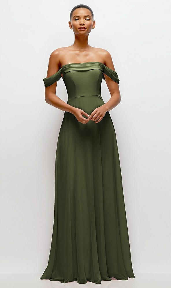 Front View - Olive Green Off-the-Shoulder Draped Neckline Maxi Dress