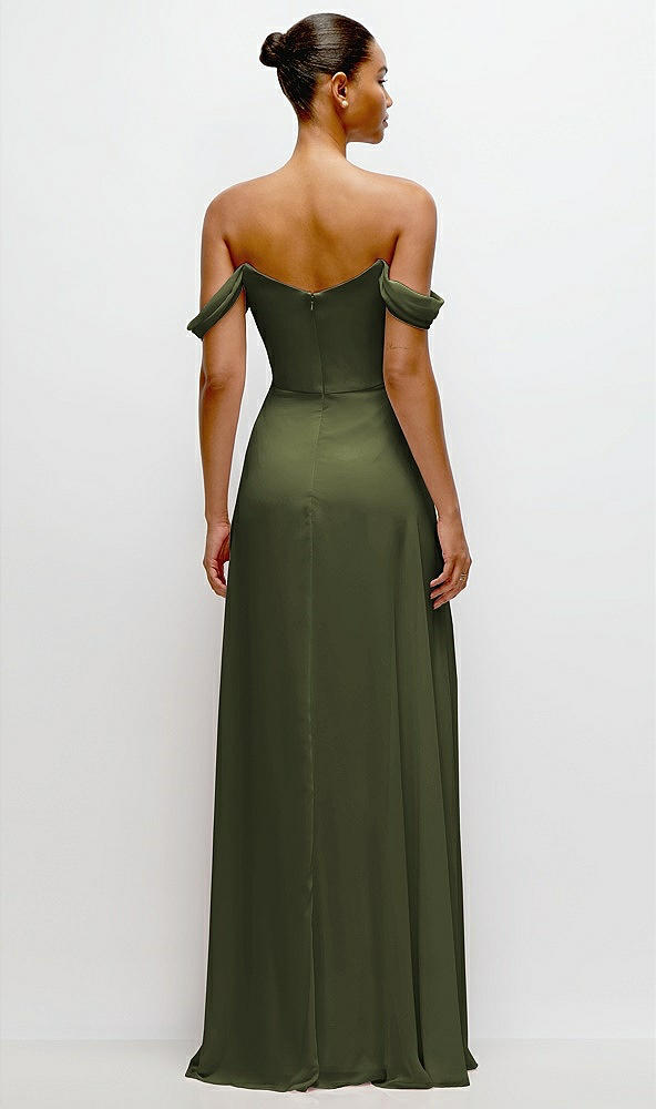 Back View - Olive Green Off-the-Shoulder Draped Neckline Maxi Dress