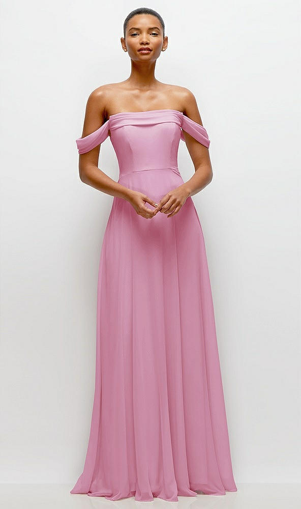 Front View - Powder Pink Off-the-Shoulder Draped Neckline Maxi Dress