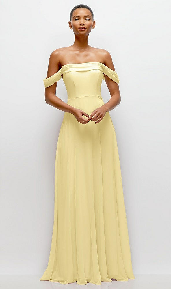 Front View - Pale Yellow Off-the-Shoulder Draped Neckline Maxi Dress