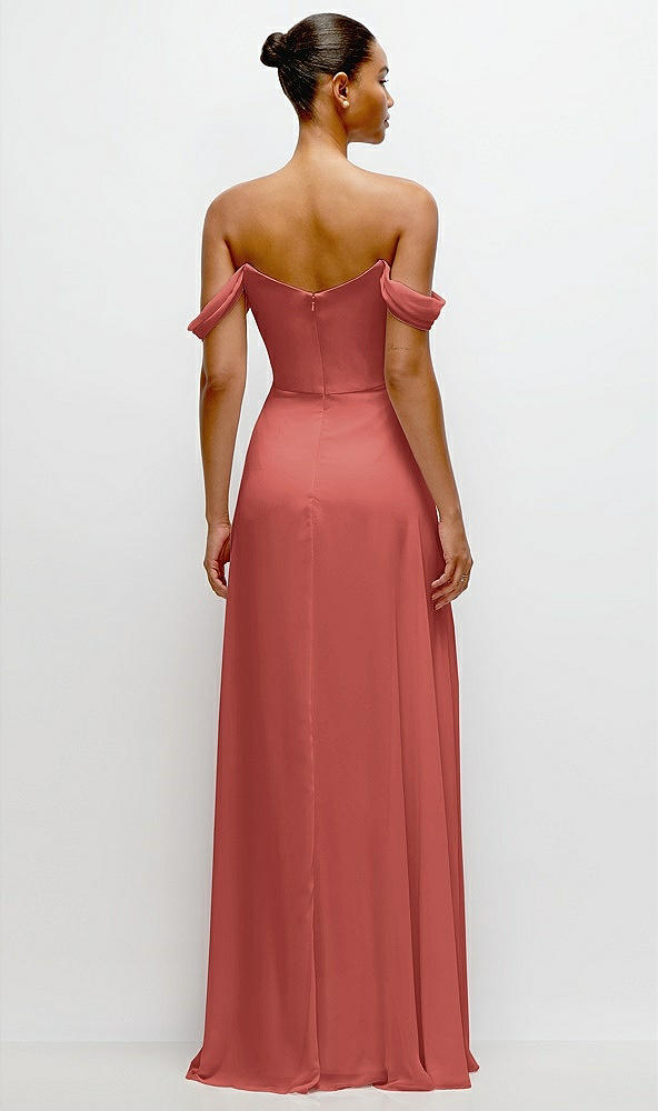 Back View - Coral Pink Off-the-Shoulder Draped Neckline Maxi Dress