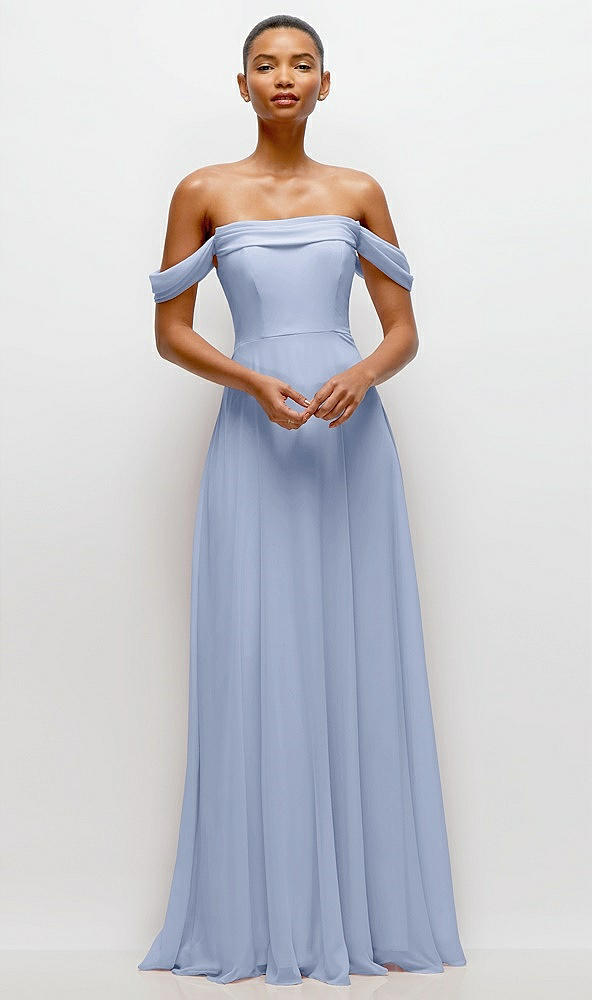 Front View - Sky Blue Off-the-Shoulder Draped Neckline Maxi Dress