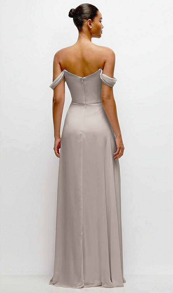 Back View - Taupe Off-the-Shoulder Draped Neckline Maxi Dress