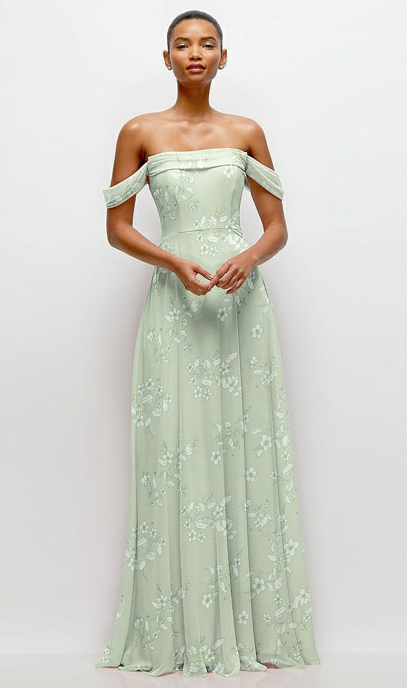 Front View - Vintage Primrose Sage Off-the-Shoulder Draped Neckline Maxi Dress