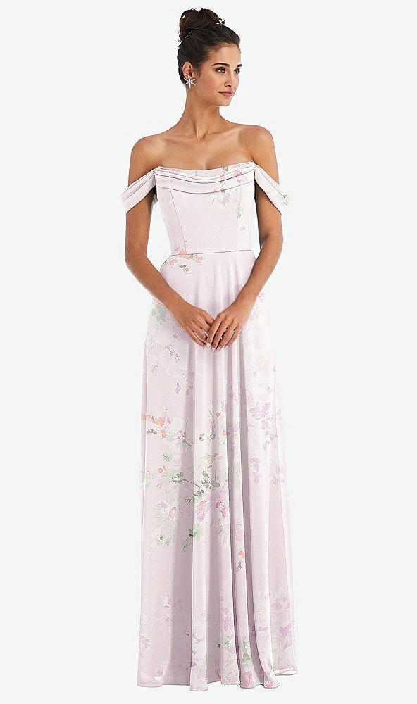 Front View - Watercolor Print Off-the-Shoulder Draped Neckline Maxi Dress