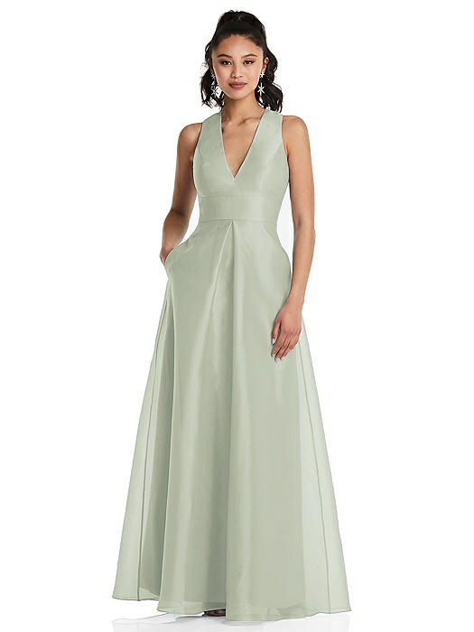 Plunging Neckline Pleated Skirt Maxi Dress with Pockets