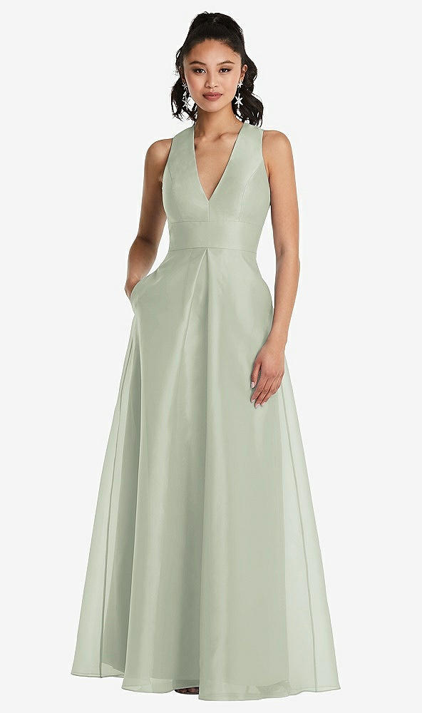 Front View - Celadon Plunging Neckline Pleated Skirt Maxi Dress with Pockets