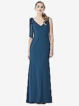 Front View Thumbnail - Dusk Blue Bow-Shoulder V-Back Trumpet Gown