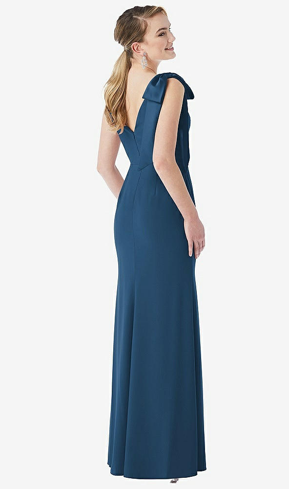 Back View - Dusk Blue Bow-Shoulder V-Back Trumpet Gown