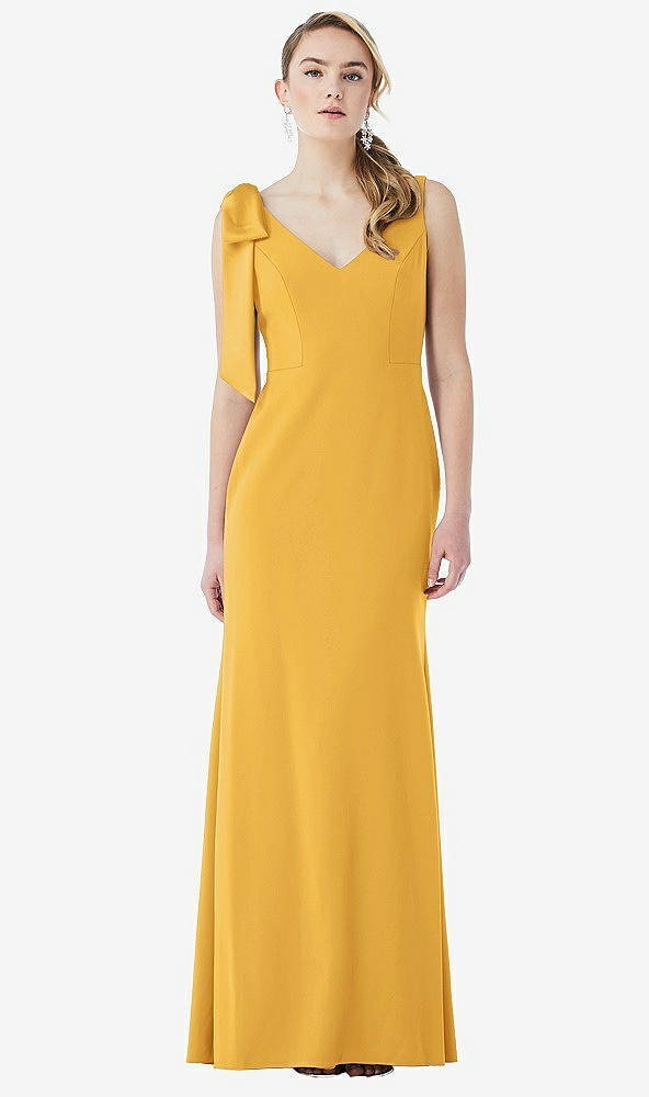 Front View - NYC Yellow Bow-Shoulder V-Back Trumpet Gown