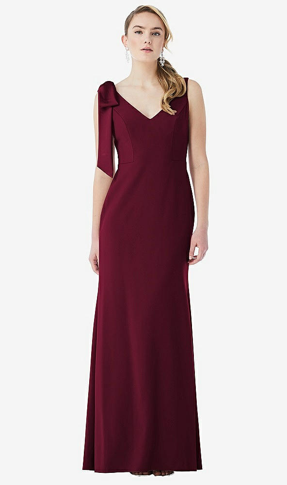 Front View - Cabernet Bow-Shoulder V-Back Trumpet Gown