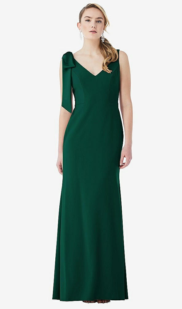 Front View - Hunter Green Bow-Shoulder V-Back Trumpet Gown