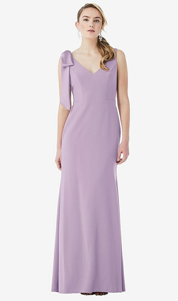 Front View - Pale Purple Bow-Shoulder V-Back Trumpet Gown