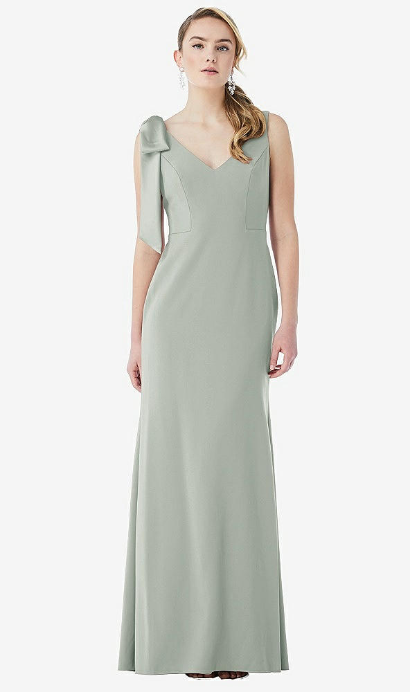 Front View - Willow Green Bow-Shoulder V-Back Trumpet Gown