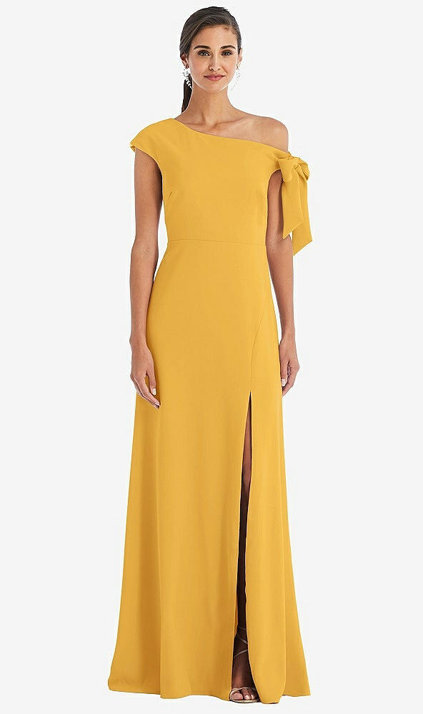 Front View - NYC Yellow Off-the-Shoulder Tie Detail Maxi Dress with Front Slit