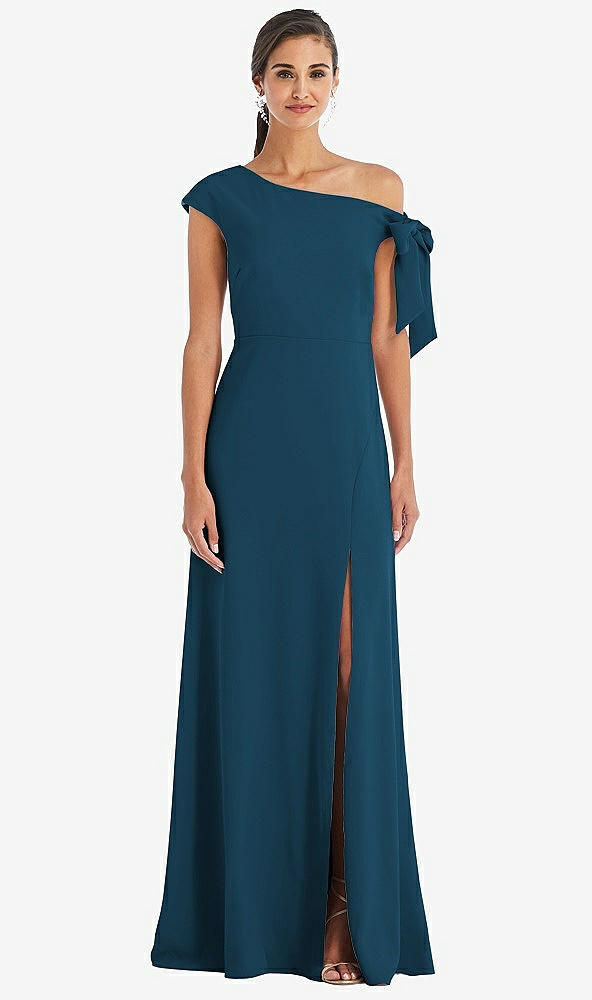 Front View - Atlantic Blue Off-the-Shoulder Tie Detail Maxi Dress with Front Slit