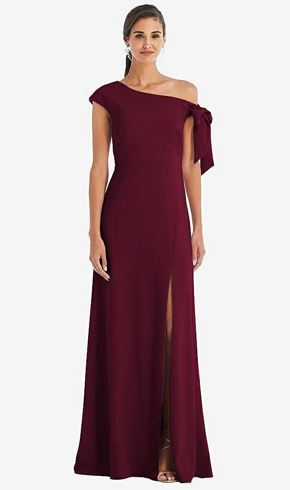 Front View - Cabernet Off-the-Shoulder Tie Detail Maxi Dress with Front Slit