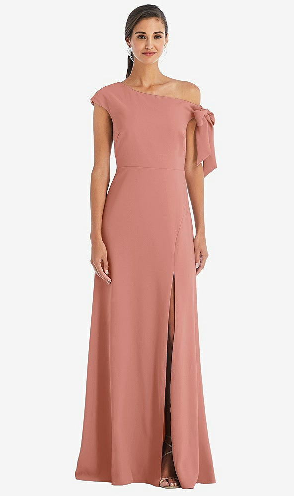 Front View - Desert Rose Off-the-Shoulder Tie Detail Maxi Dress with Front Slit