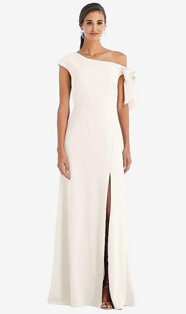 Front View - Ivory Off-the-Shoulder Tie Detail Maxi Dress with Front Slit