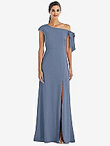 Front View Thumbnail - Larkspur Blue Off-the-Shoulder Tie Detail Maxi Dress with Front Slit