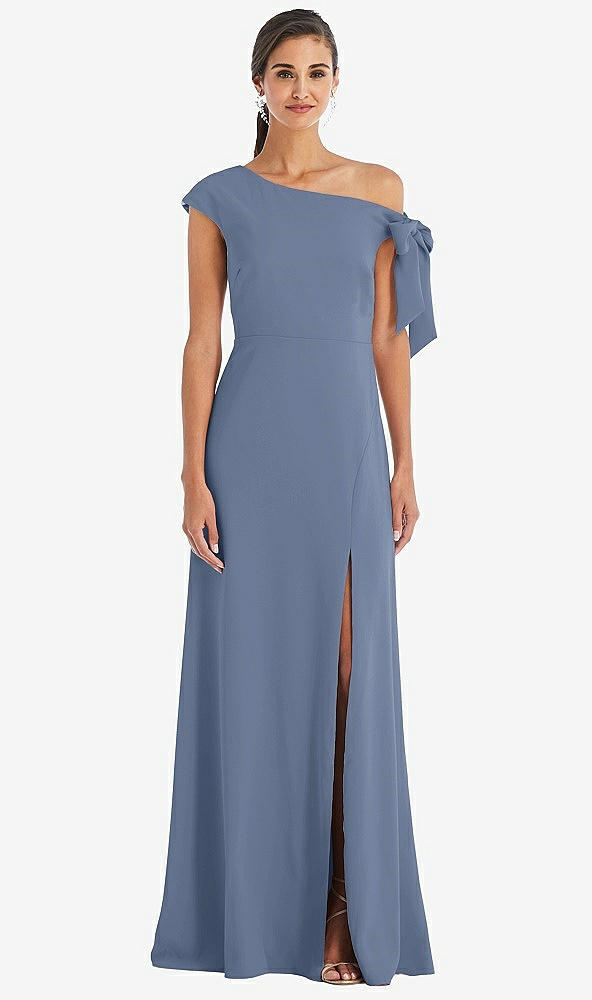 Front View - Larkspur Blue Off-the-Shoulder Tie Detail Maxi Dress with Front Slit