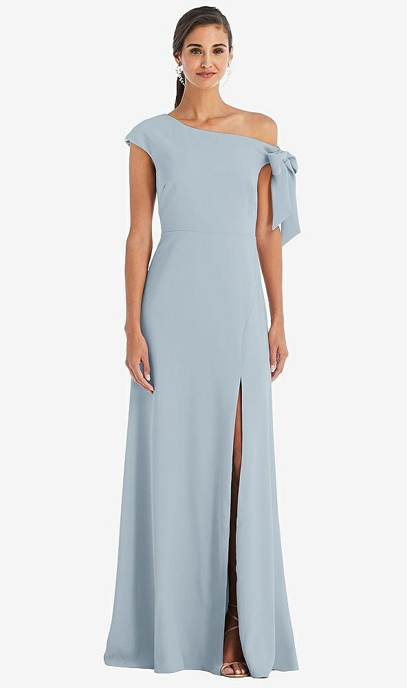 Front View - Mist Off-the-Shoulder Tie Detail Maxi Dress with Front Slit