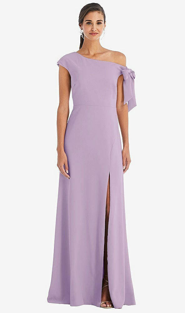 Front View - Pale Purple Off-the-Shoulder Tie Detail Maxi Dress with Front Slit