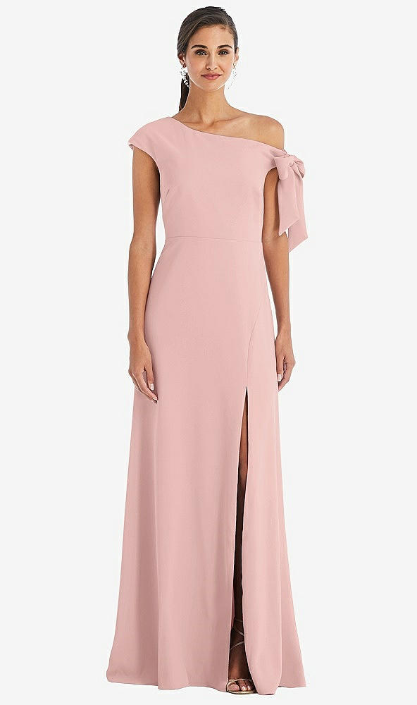 Front View - Rose - PANTONE Rose Quartz Off-the-Shoulder Tie Detail Maxi Dress with Front Slit