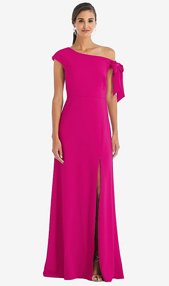 Front View - Think Pink Off-the-Shoulder Tie Detail Maxi Dress with Front Slit