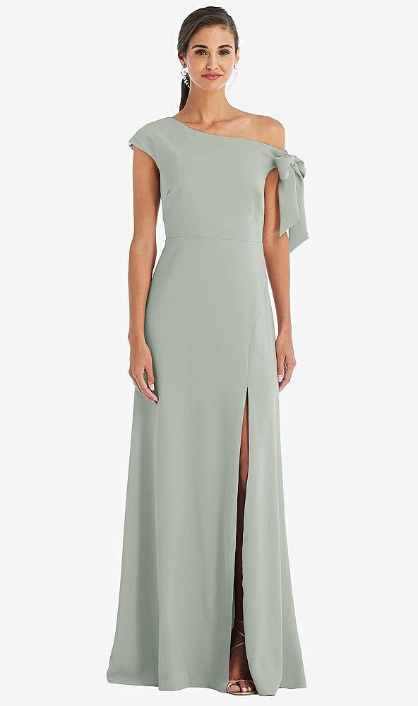 Front View - Willow Green Off-the-Shoulder Tie Detail Maxi Dress with Front Slit