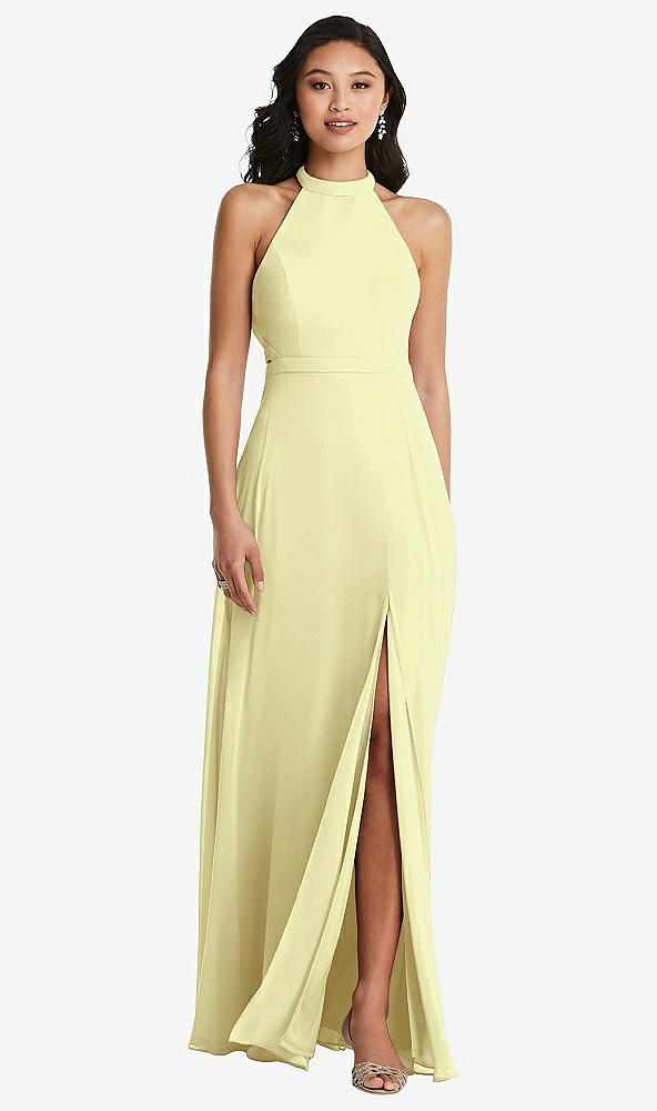 Back View - Butter Yellow Stand Collar Halter Maxi Dress with Criss Cross Open-Back