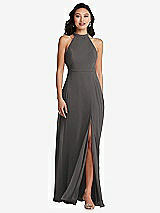 Rear View Thumbnail - Caviar Gray Stand Collar Halter Maxi Dress with Criss Cross Open-Back