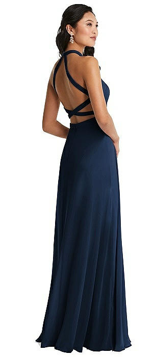 Stand Collar Halter Maxi Dress with Criss Cross Open-Back