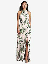 Rear View Thumbnail - Palm Beach Print Stand Collar Halter Maxi Dress with Criss Cross Open-Back