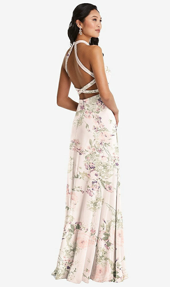 Front View - Blush Garden Stand Collar Halter Maxi Dress with Criss Cross Open-Back