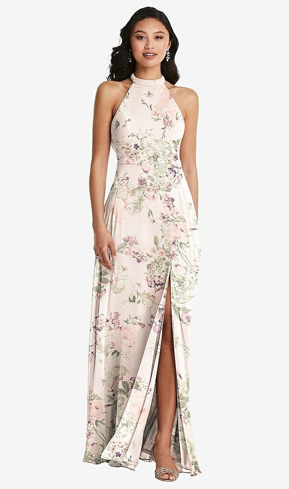 Back View - Blush Garden Stand Collar Halter Maxi Dress with Criss Cross Open-Back