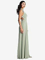 Side View Thumbnail - Celadon Stand Collar Halter Maxi Dress with Criss Cross Open-Back