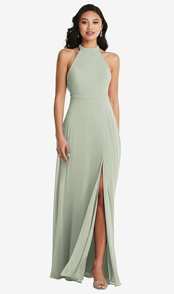 Back View - Celadon Stand Collar Halter Maxi Dress with Criss Cross Open-Back