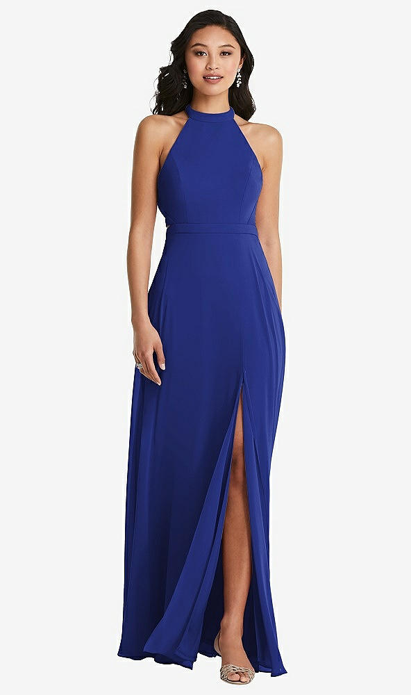 Back View - Cobalt Blue Stand Collar Halter Maxi Dress with Criss Cross Open-Back