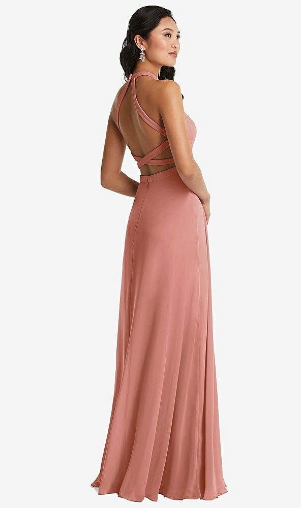 Front View - Desert Rose Stand Collar Halter Maxi Dress with Criss Cross Open-Back